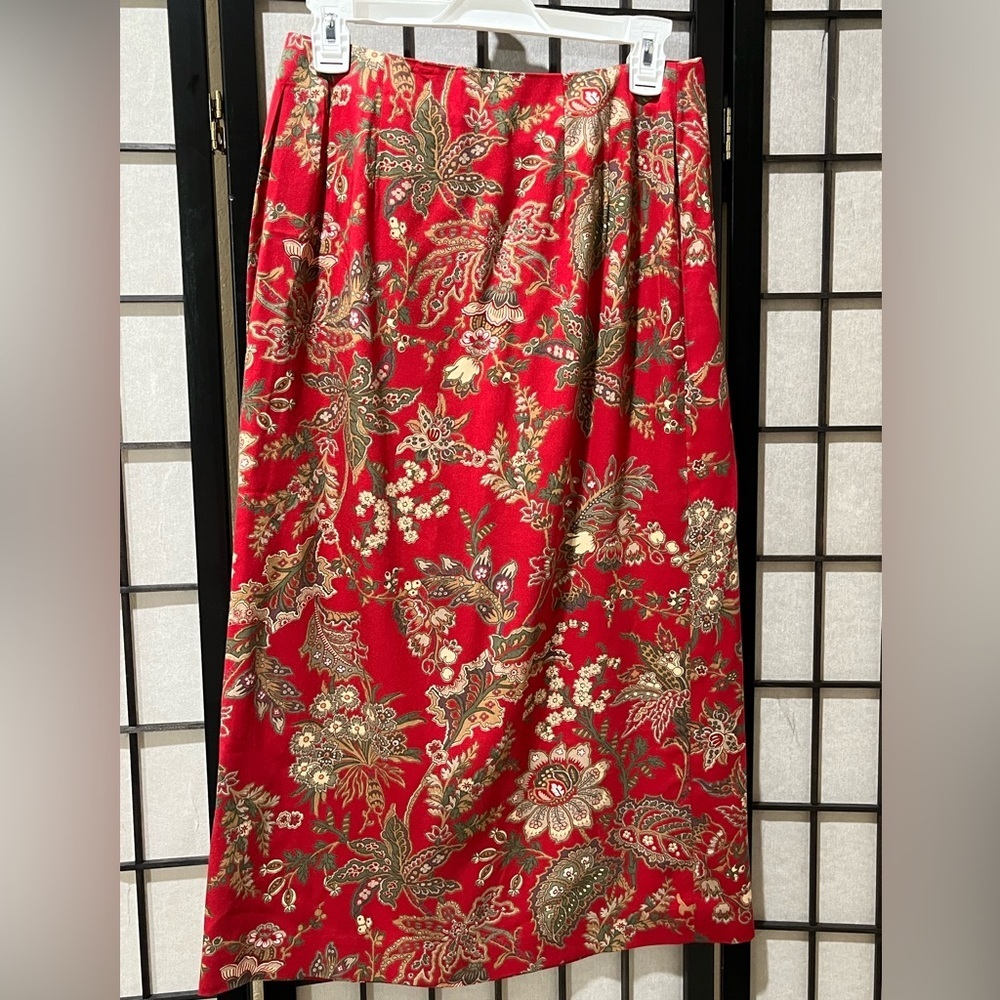 TALBOTS PETITE VINTAGE Red Floral Midi WRAP Skirt WOMEN SIZE 10
